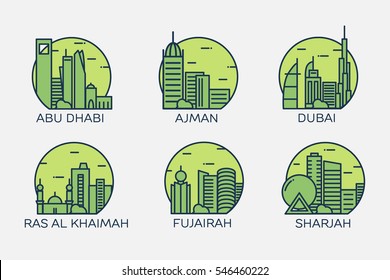 Abu Dhabi, Dubai, Ajman, Ras Al Khaimah, Fujairah, Sharjah. Trendy vector illustration, line art style.