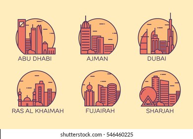 Abu Dhabi, Dubai, Ajman, Ras Al Khaimah, Fujairah, Sharjah. Trendy vector illustration, line art style.