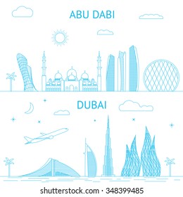 Abu Dhabi and Dubai skyline illustration in line style. 