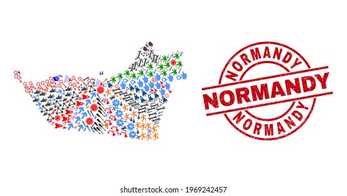 Abu Dhabi Emirate map collage and grunge Normandy red round badge. Normandy seal uses vector lines and arcs. Abu Dhabi Emirate map collage contains markers, homes, screwdrivers, bugs, wine glasses,