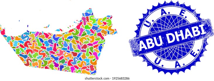 Abu Dhabi Emirate map vector image. Spot mosaic map and unclean seal for Abu Dhabi Emirate. Sharp rosette blue stamp with caption for Abu Dhabi Emirate map.