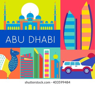 Abu Dhabi emirate tourism concept vector illustration with skyscrapers, mosque, desert safari, camel. Design for poster or banner, web, card template. Design elements in modern flat style.