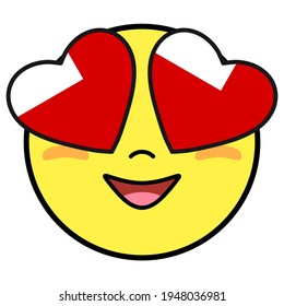 Abu Dhabi flag button. Patriotic smile in hearts glasses. Emoji icon isolated on white background.