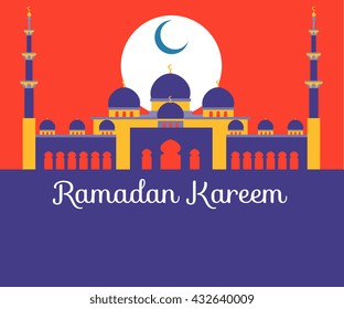 Abu Dhabi Grand Mosque silhouette - vector illustration design for banner, greeting card. Arabic muslim religious building in flat style. Poster design for Ramadan Kareem. 