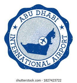 Abu Dhabi International Airport stamp. Airport of Abu Dhabi round logo with location on UAE map marked by airplane. Vector illustration.