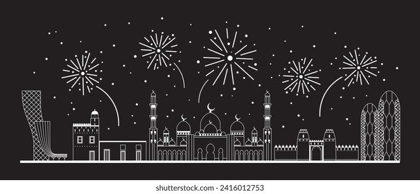 Abu Dhabi line art web banner with festive illumination show over city skyline. National day firecrackers or New Year Eve fireworks above popular Arab landmarks and famous buildings of UAE capital.