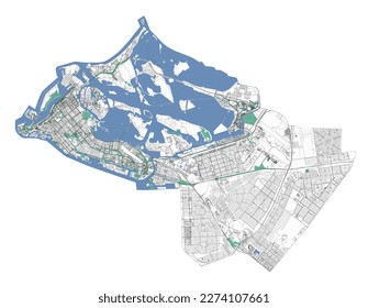 Mapa de Abu Dhabi, territorio administrativo de la ciudad. La capital de los EAU detalla el plan de la ciudad. Ilustración vectorial con carreteras, parques, islas y costa.