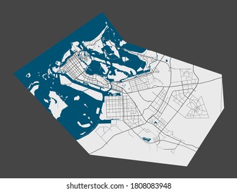 Abu Dhabi map. Detailed map of Abu Dhabi city administrative area. Cityscape panorama. Royalty free vector illustration. Linear outline map with highways, streets, rivers.