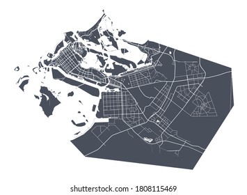 Abu Dhabi map. Detailed vector map of Abu Dhabi city administrative area. Cityscape poster metropolitan aria view.
