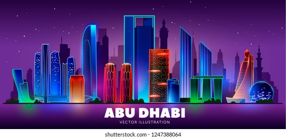 Abu Dhabi night skyline (UAE). Vector illustration. Business travel and tourism concept with modern buildings. Image for banner or web site.