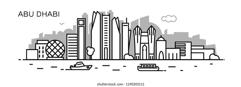 Abu Dhabi panorama city. Flat line style. For banner, presentation, cards, web page. Vector illustration