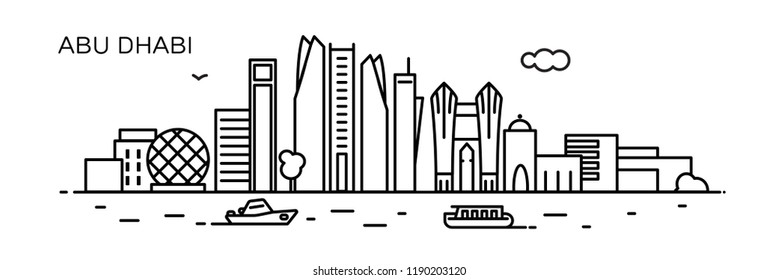 Abu Dhabi panorama city. Flat line style. For banner, presentation, cards, web page. Vector illustration