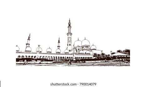 Abu Dhabi, Sheikh Zayed Mosque, hand drawn illustration, sketch vector. Eid Mubarak and Ramadan Kareem greeting. 