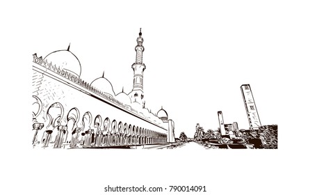 Abu Dhabi, Sheikh Zayed Mosque, hand drawn illustration, sketch vector. Eid Mubarak and Ramadan Kareem greeting. 