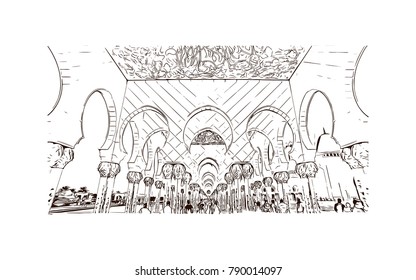 Abu Dhabi, Sheikh Zayed Mosque, hand drawn illustration, sketch vector. Eid Mubarak and Ramadan Kareem greeting. 