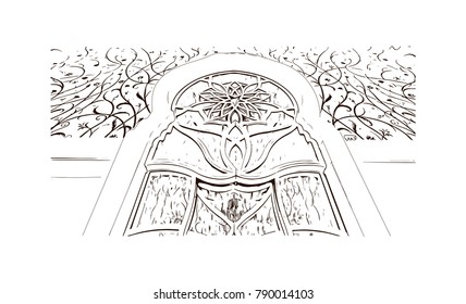 Abu Dhabi, Sheikh Zayed Mosque, hand drawn illustration, sketch vector. Eid Mubarak and Ramadan Kareem greeting. 