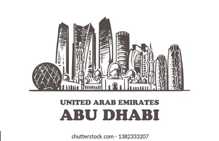 Abu Dhabi sketch skyline. United Arab Emirates, Abu-Dhabi hand drawn vector illustration. Isolated on white background. 