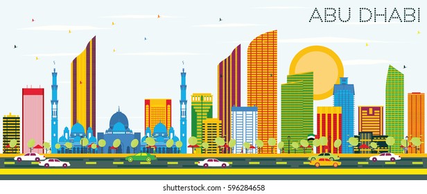 Abu Dhabi Skyline with Color Buildings and Blue Sky. Vector Illustration. Business Travel and Tourism Concept with Modern Architecture. Image for Presentation Banner Placard and Web Site.