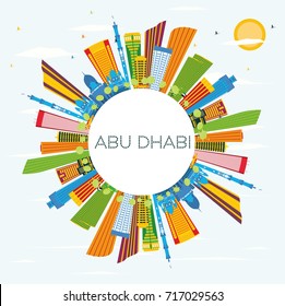 Abu Dhabi Skyline with Color Buildings, Blue Sky and Copy Space. Vector Illustration. Business Travel and Tourism Concept with Modern Architecture.