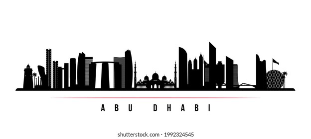 Abu Dhabi skyline horizontal banner. Black and white silhouette of Abu Dhabi, United Arab Emirates. Vector template for your design. 