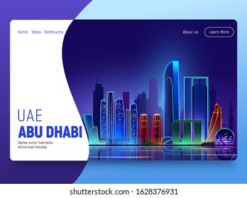Abu Dhabi skyline. Landing Page Template. Flat vector illustration with most famous buildings. Business travel and tourism concept with modern buildings. Image for banner or web site. UAE