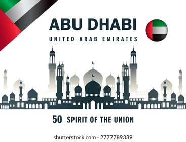 Abu Dhabi skyline silhouette with UAE flag colors in a minimalistic style on a white background, expressing national unity and celebration. Hand-drawn vector illustration