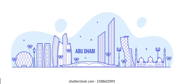 Abu Dhabi skyline, United Arab Emirates, UAE. This illustration represents the city with its most notable buildings. Vector is fully editable, every object is holistic and movable