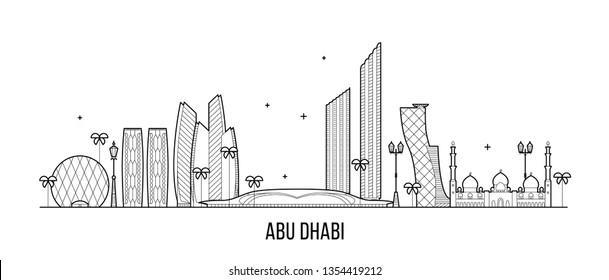 Abu Dhabi skyline, United Arab Emirates, UAE. This illustration represents the city with its most notable buildings. Vector is fully editable, every object is holistic and movable