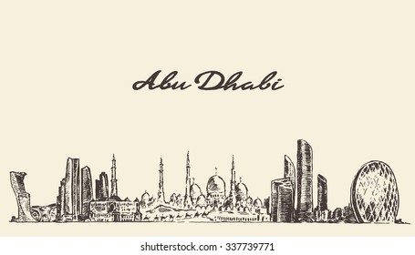 Abu Dhabi skyline, vector engraved illustration, hand drawn