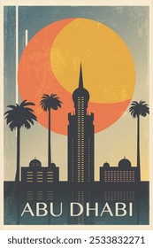 Abu Dhabi, afiche retro de la ciudad de los EAU con Formas abstractas de horizonte, edificios. Ilustración vectorial de viaje vintage de los Emiratos Árabes Unidos, paisaje urbano al amanecer, puesta del sol