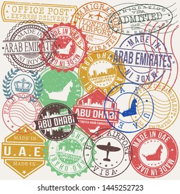 Abu Dhabi UAE. Set of Stamps. Travel Stamp. Made In Product. Design Seals Old Style Insignia.