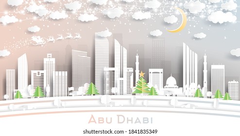 Abu Dhabi United Arab Emirates City Skyline in Paper Cut Style with Snowflakes, Moon and Neon Garland. Vector Illustration. Christmas and New Year Concept. Santa Claus on Sleigh.