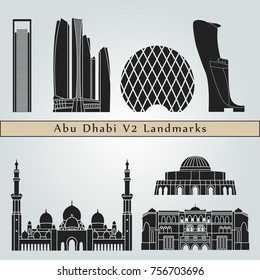 Puntos de referencia y monumentos de Abu Dhabi V2 aislados en fondo azul en archivo vectorial editable