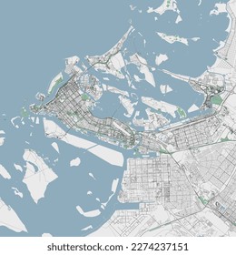 Abu Dhabi vector map. Detailed map of Abu Dhabi city administrative area. Cityscape panorama. Royalty free vector illustration. Outline map with highways, streets, rivers. Tourist street map.