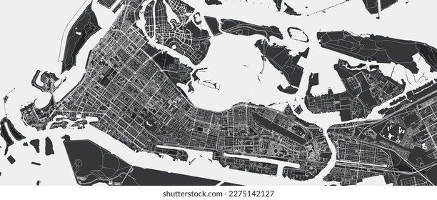 Abu Dhabi vector map. Detailed black map of Abu Dhabi city administrative area. Cityscape poster metropolitan aria view. Black land with white streets, roads and avenues. White background.
