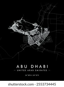 Abu Dhabi vector print map. Detailed map of Abu Dhabi in United Arab Emirates. Best free vector illustration. Tourist decorative minimalist street map.