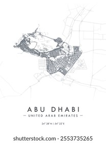 Abu Dhabi vector print map. Detailed map of Abu Dhabi in United Arab Emirates. Best free vector illustration. Tourist decorative minimalist street map.