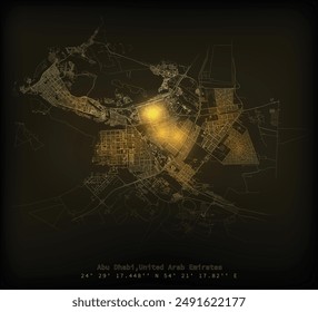 Abu Dhabi,United Arab Emirates,street lights map. Satellite view on modern city at night. Imitation of aerial view on roads network. vector image