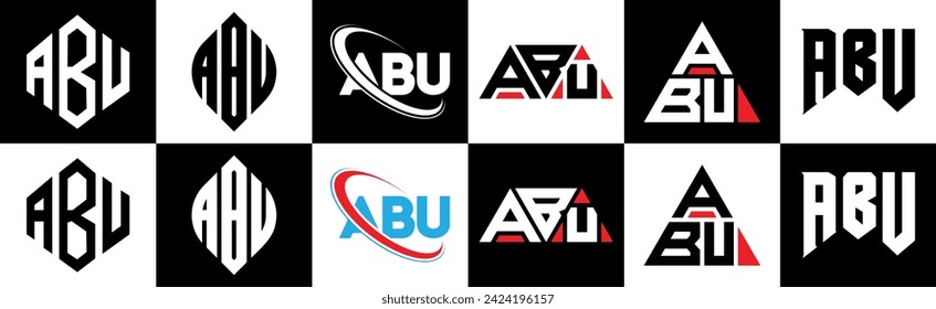 ABU letter logo design in six style. ABU polygon, circle, triangle, hexagon, flat and simple style with black and white color variation letter logo set in one artboard. ABU minimalist and classic logo