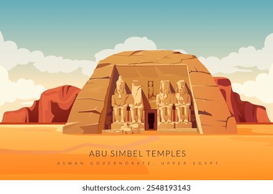 Abu Simbel, um sítio histórico com enormes templos de pedra cortada - Egito - ilustração de stock como EPS 10 File