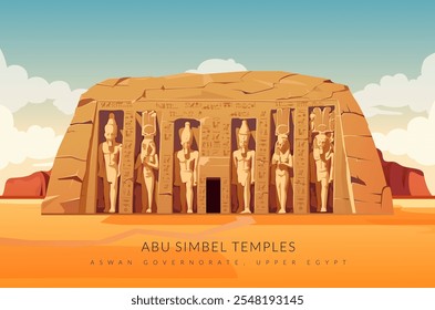 Abu Simbel, um sítio histórico com enormes templos de pedra cortada - Egito - ilustração de stock como EPS 10 File