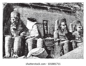 Abu Simbel Temple of Ramesses II / vintage illustration from Brockhaus Konversations-Lexikon 1908