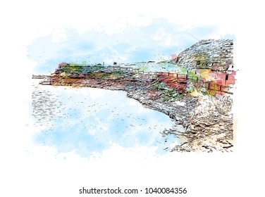 The Abu Simbel temples are two massive rock temples at Abu Simbel, a village in Nubia, southern Egypt, near the border with Sudan. Watercolor splash with hand drawn sketch in vector.