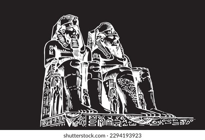 Abu Simbel, ilustración gráfica vectorial de dos templos rocosos masivos. La estatua de Ramses el Grande en el Gran Templo de Abu Simbel aislado en un fondo negro. Visita guiada a Egipto