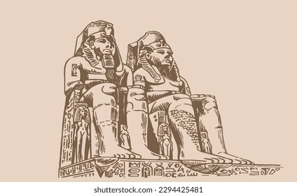 Abu Simbel, grafische Vektorgrafik zweier massiver Stein-Schnitt-Tempel. Die Statue von Ramses the Great am Großen Tempel von Abu Simbel auf sepia Hintergrund. Sehenswürdigkeiten Ägyptens