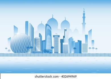 Abu-Dhabi cityscape with skyscrapers and white mosque vector illustration