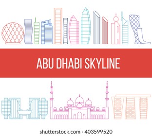 Abu-Dhabi skyline with skyscrapers and grand sheikh Zayed mosque vector illustration in modern outline style. Cityscape with, buildings isolated on white background. 