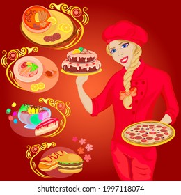 An abundance of exquisite dishes, fast food, created by the chef only for you, vector illustration on dark red background
