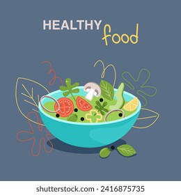 Abundant Blue Bowl of Healthy Salad with a Variety of Vegetables, Legumes, and Nuts elements vector illustration in simple flat style