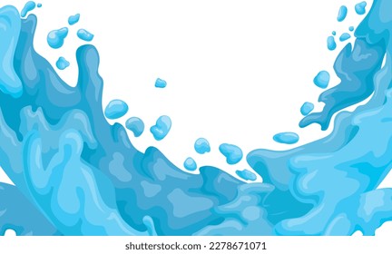 Abundant stream with splashes and drops of water. Blue liquid in cartoon style over white background.